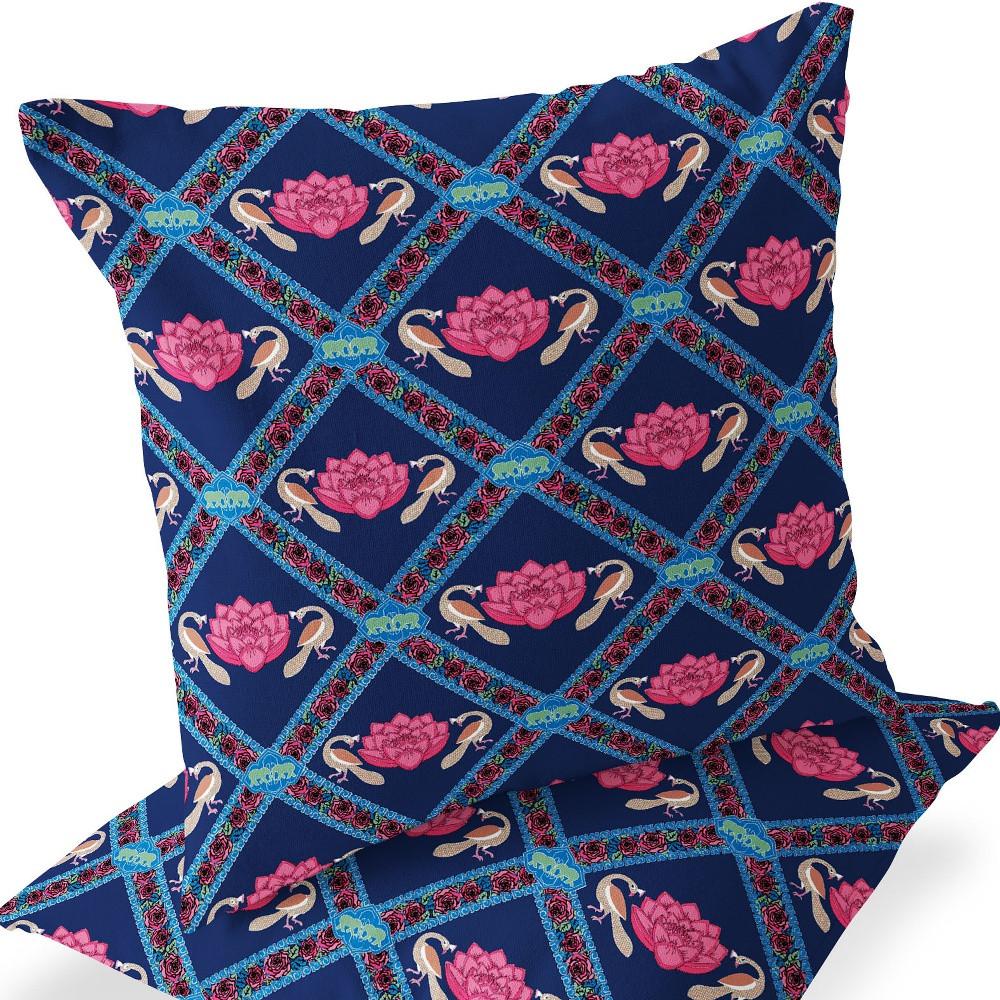 Blue, Pink Peacock Blown Seam Floral Indoor Outdoor Throw Pillow. Picture 6