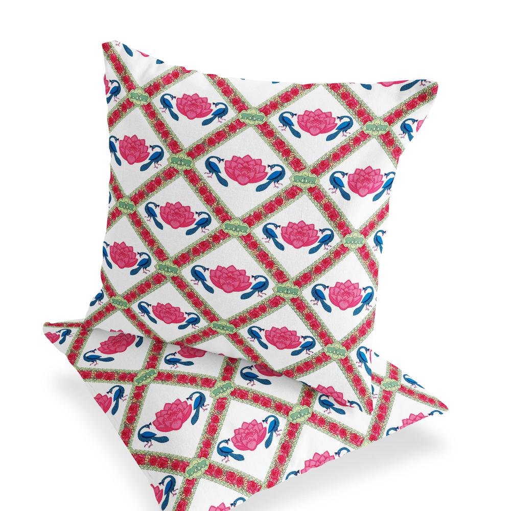 Pink, White Peacock Blown Seam Floral Indoor Outdoor Throw Pillow. Picture 5