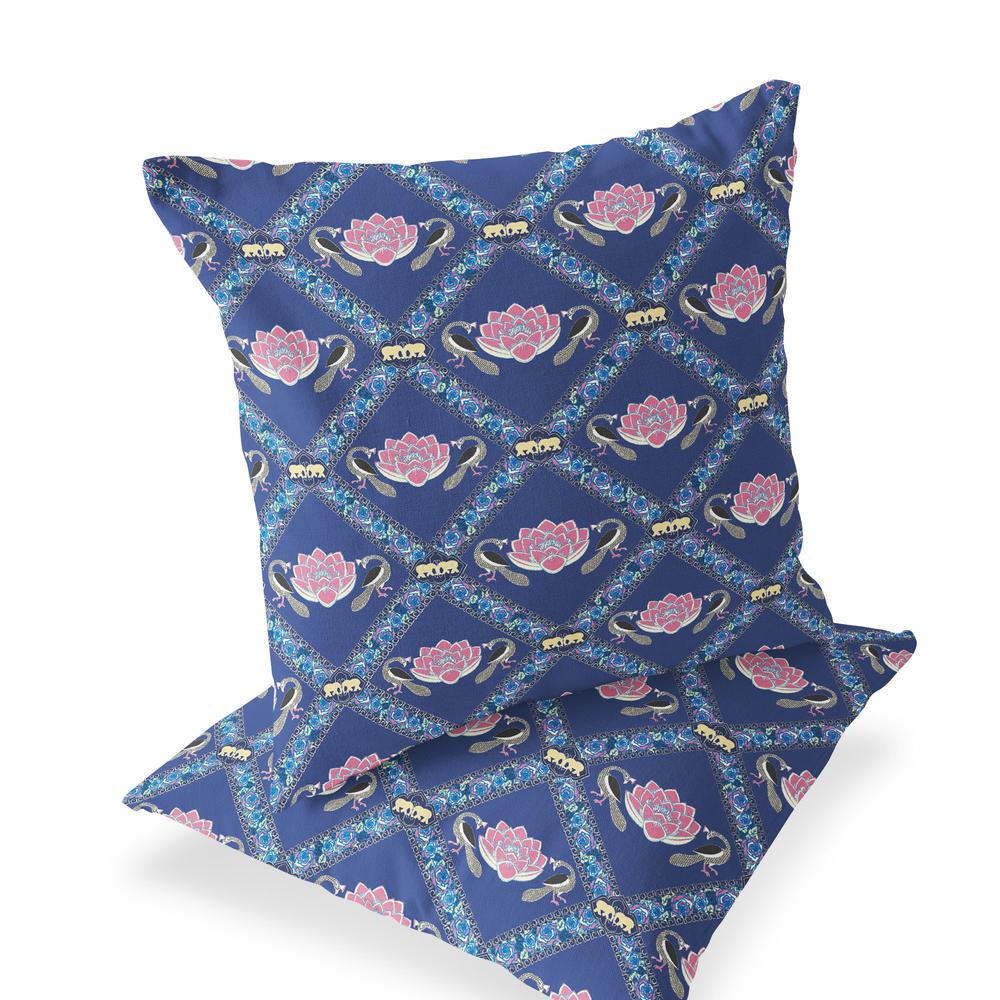Blue, Purple Peacock Blown Seam Floral Indoor Outdoor Throw Pillow. Picture 1