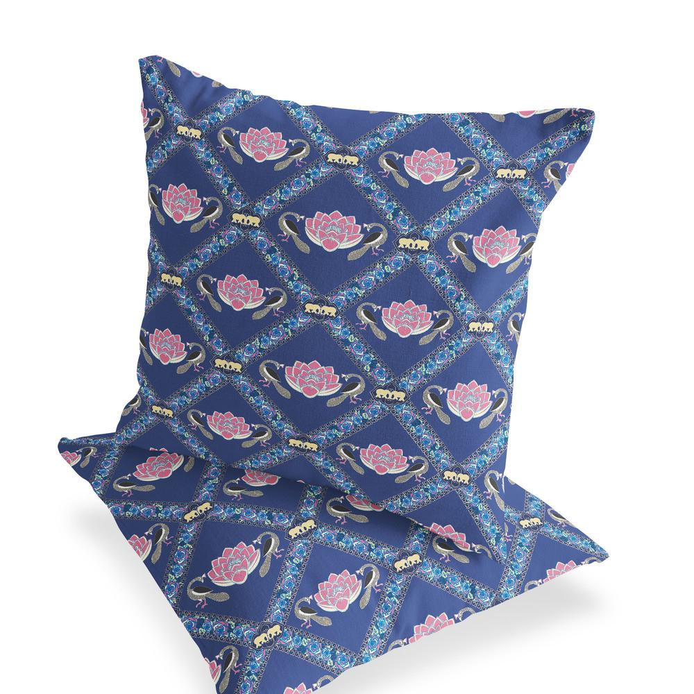 Blue, Purple Peacock Blown Seam Floral Indoor Outdoor Throw Pillow. Picture 3