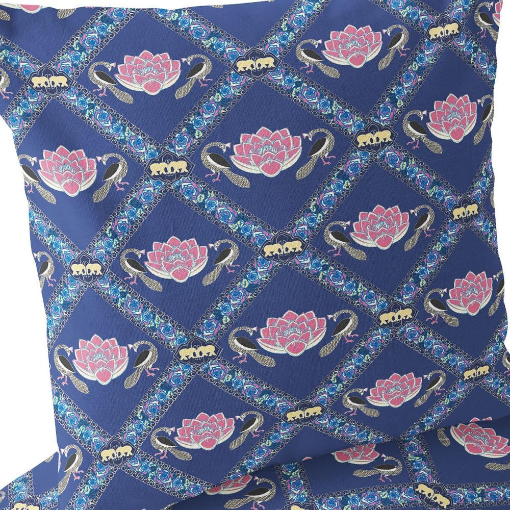 Blue, Purple Peacock Blown Seam Floral Indoor Outdoor Throw Pillow. Picture 5