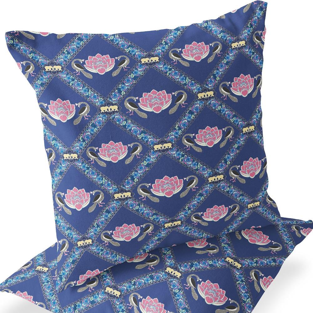 Blue, Purple Peacock Blown Seam Floral Indoor Outdoor Throw Pillow. Picture 6