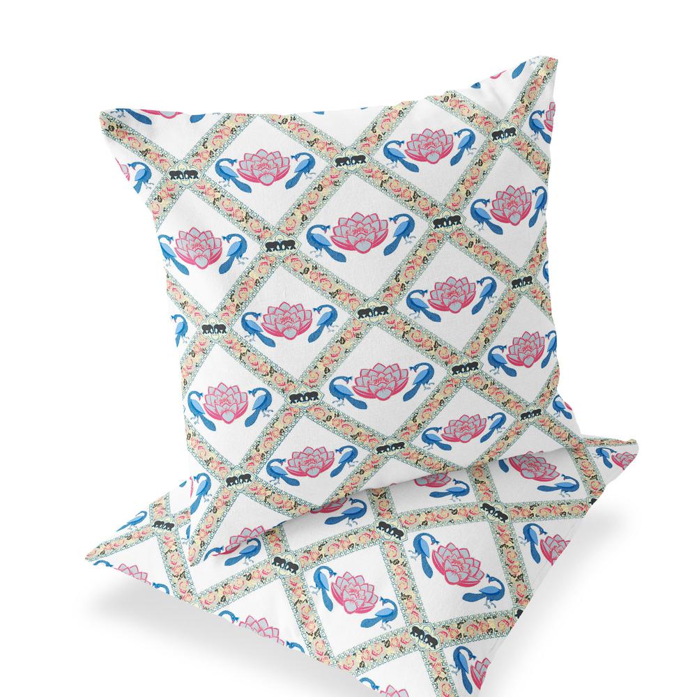 Blue, White Peacock Blown Seam Floral Indoor Outdoor Throw Pillow. Picture 1