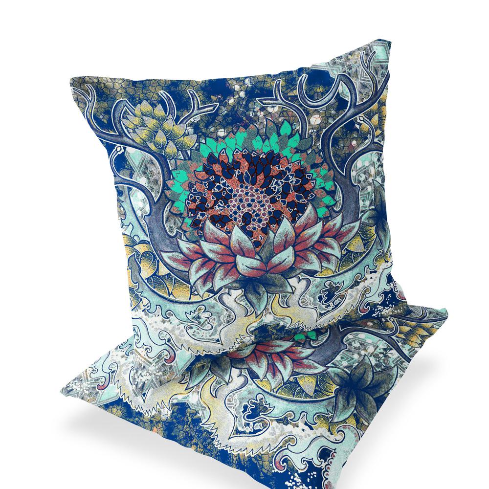 Set of Two 16" X 16" Blue, Yellow Blown Seam Floral Indoor Outdoor Throw Pillow. Picture 1