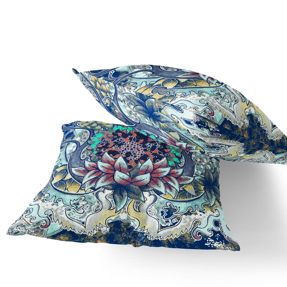 Set of Two 16" X 16" Blue, Yellow Blown Seam Floral Indoor Outdoor Throw Pillow. Picture 4