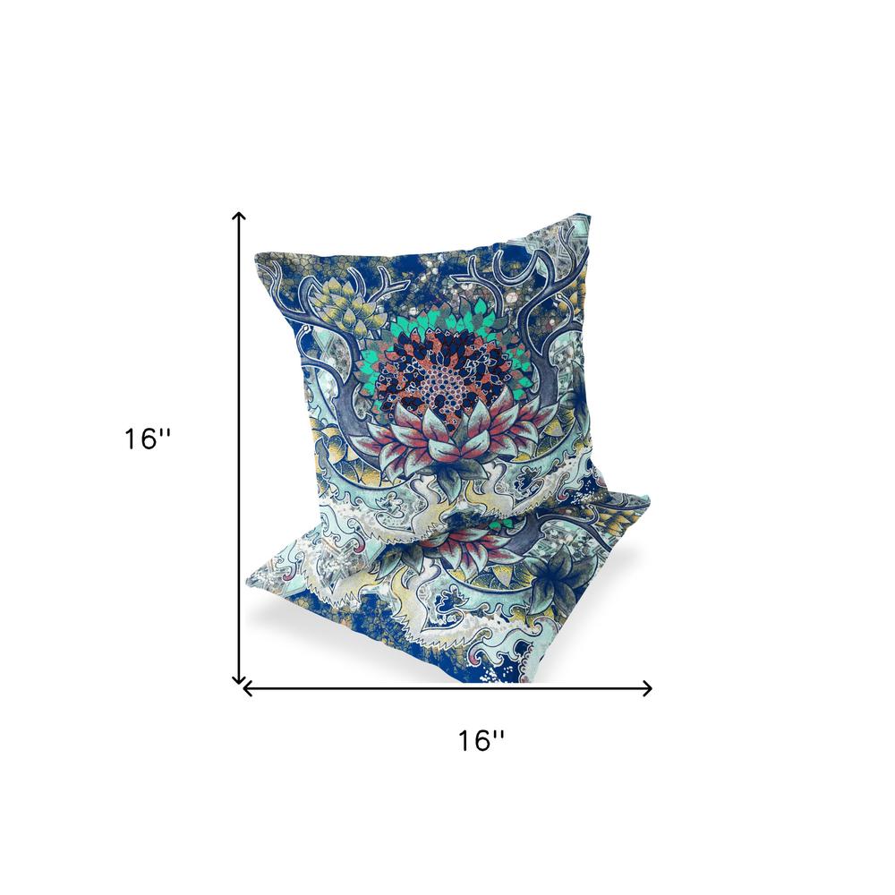 Set of Two 16" X 16" Blue, Yellow Blown Seam Floral Indoor Outdoor Throw Pillow. Picture 7