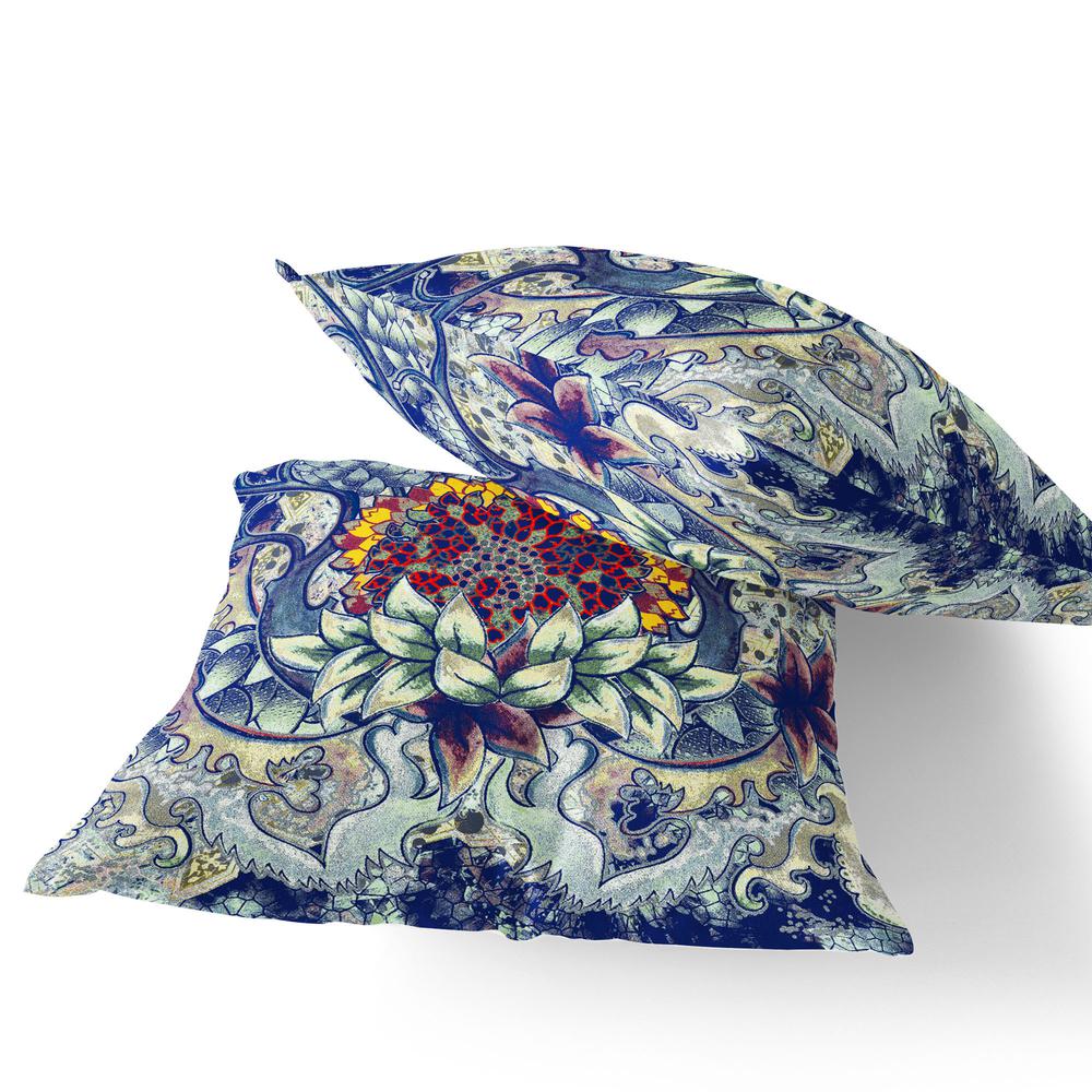Set of Two 16" X 16" Blue, Yellow Blown Seam Floral Indoor Outdoor Throw Pillow. Picture 4