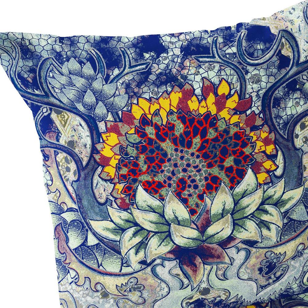 Set of Two 16" X 16" Blue, Yellow Blown Seam Floral Indoor Outdoor Throw Pillow. Picture 5