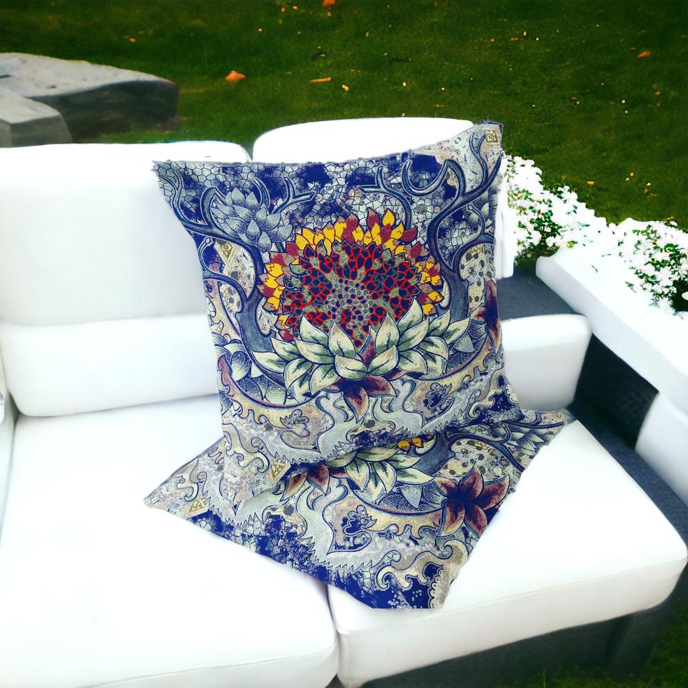 Set of Two 16" X 16" Blue, Yellow Blown Seam Floral Indoor Outdoor Throw Pillow. Picture 2