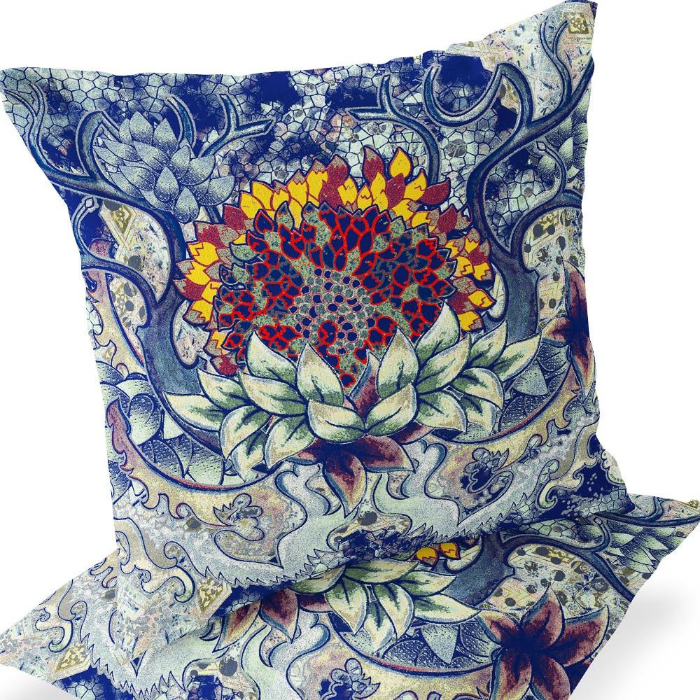 Set of Two 16" X 16" Blue, Yellow Blown Seam Floral Indoor Outdoor Throw Pillow. Picture 6