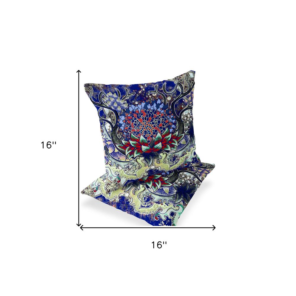 Set of Two 16" X 16" Blue, Green Blown Seam Floral Indoor Outdoor Throw Pillow. Picture 7