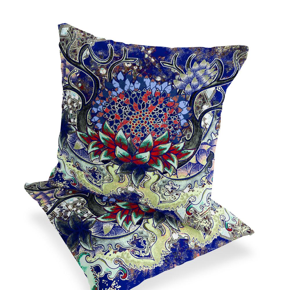 Set of Two 16" X 16" Blue, Green Blown Seam Floral Indoor Outdoor Throw Pillow. Picture 3