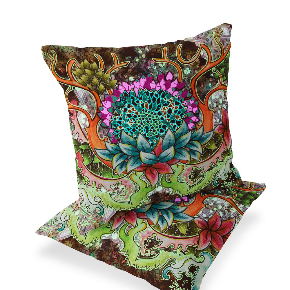 Set of Two 16" X 16" Green, Pink Blown Seam Floral Indoor Outdoor Throw Pillow. Picture 1