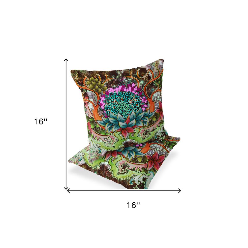 Set of Two 16" X 16" Green, Pink Blown Seam Floral Indoor Outdoor Throw Pillow. Picture 7