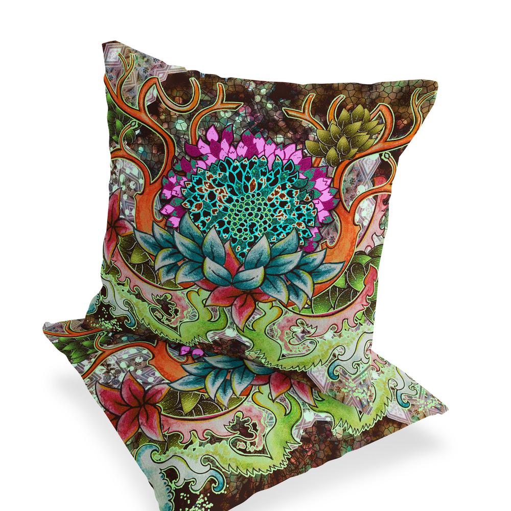Set of Two 16" X 16" Green, Pink Blown Seam Floral Indoor Outdoor Throw Pillow. Picture 3