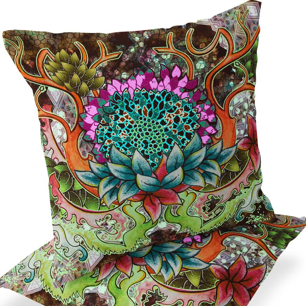 Set of Two 16" X 16" Green, Pink Blown Seam Floral Indoor Outdoor Throw Pillow. Picture 6