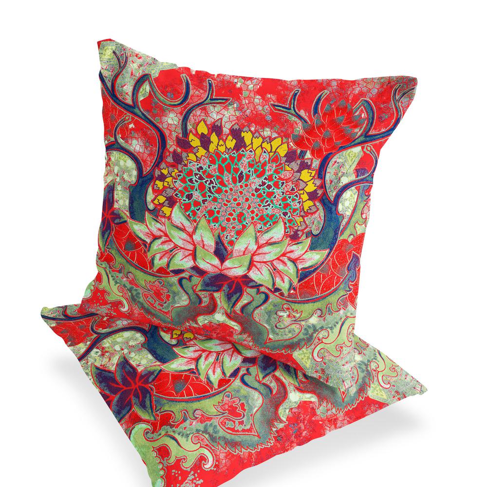Set of Two 16" X 16" Green, Red Blown Seam Floral Indoor Outdoor Throw Pillow. Picture 3