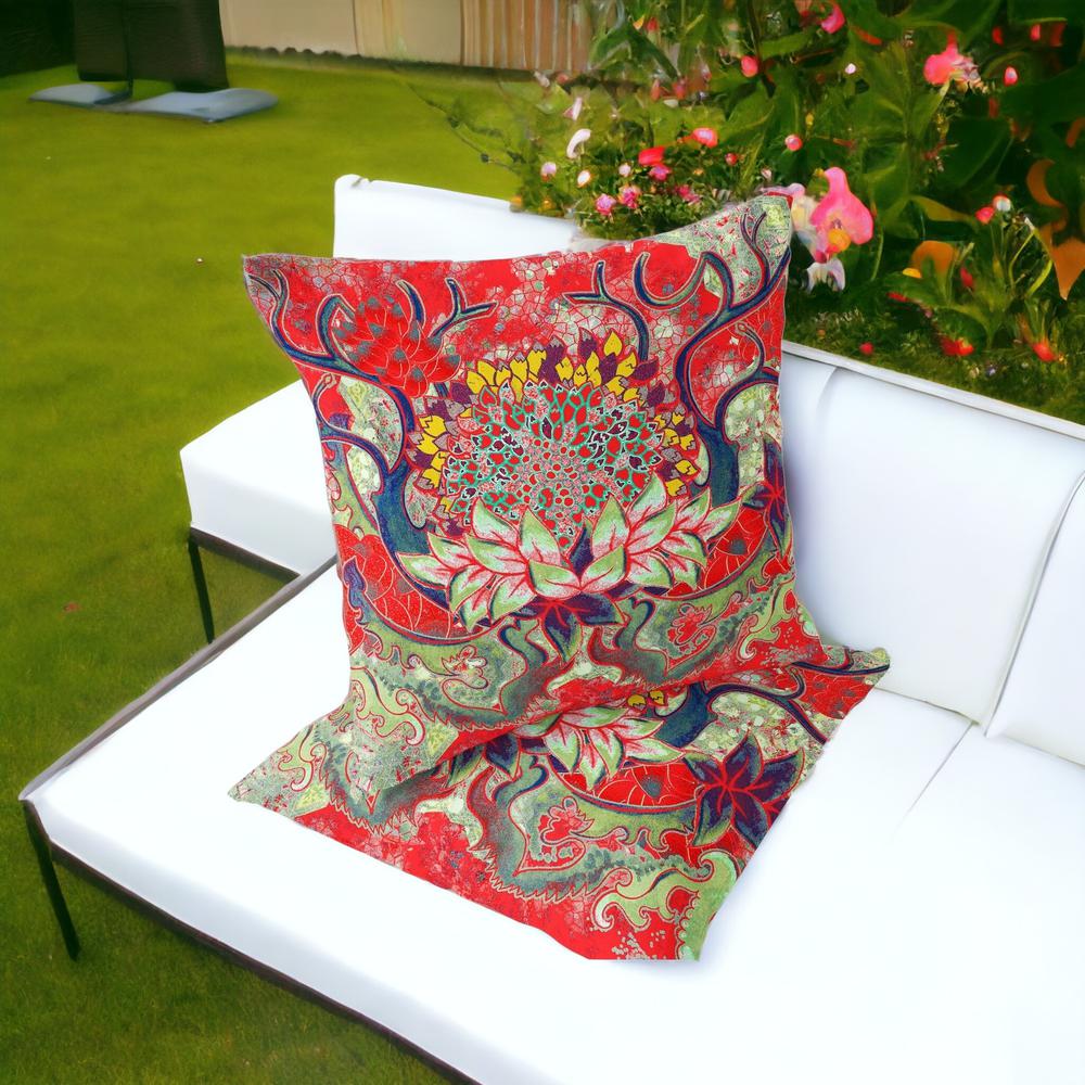 Set of Two 16" X 16" Green, Red Blown Seam Floral Indoor Outdoor Throw Pillow. Picture 2
