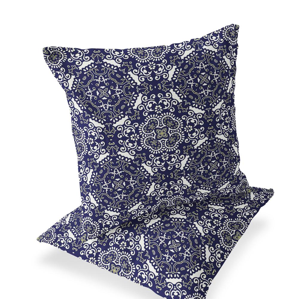 Set of Two 16" X 16" Blue, White Blown Seam Damask Indoor Outdoor Throw Pillow. Picture 1