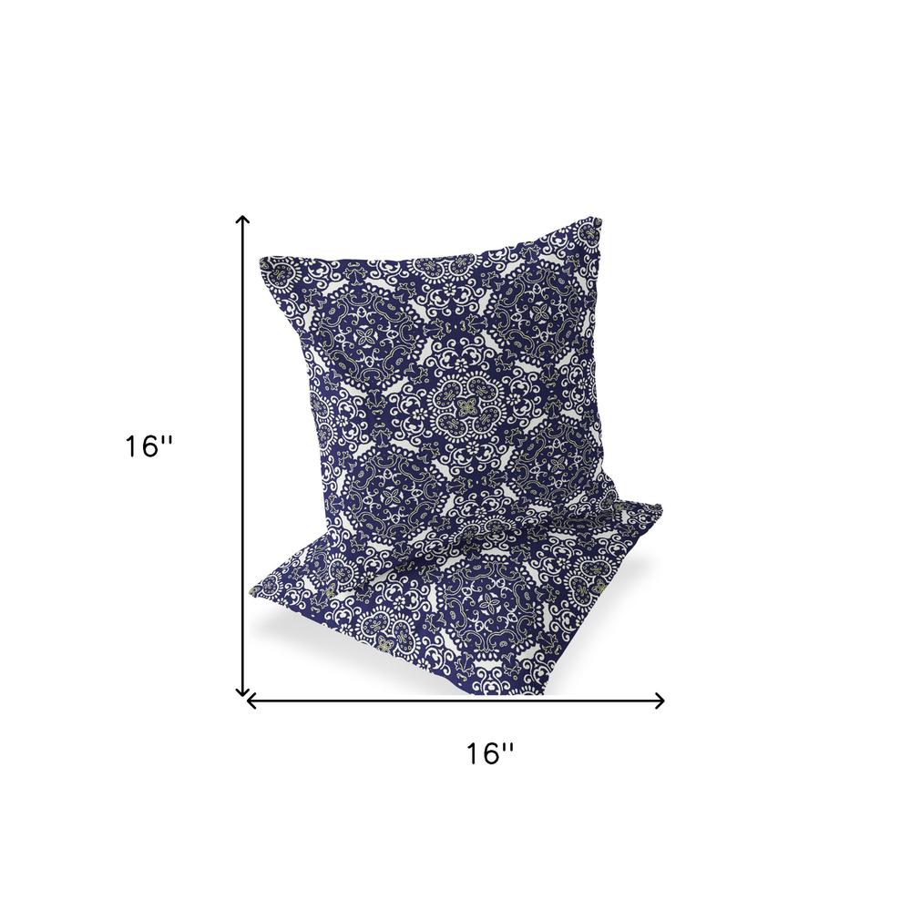 Set of Two 16" X 16" Blue, White Blown Seam Damask Indoor Outdoor Throw Pillow. Picture 7