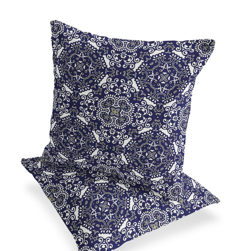 Set of Two 16" X 16" Blue, White Blown Seam Damask Indoor Outdoor Throw Pillow. Picture 3