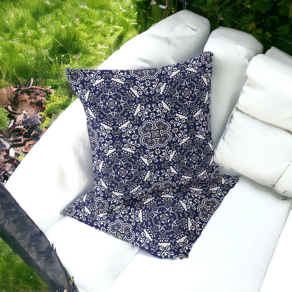 Set of Two 16" X 16" Blue, White Blown Seam Damask Indoor Outdoor Throw Pillow. Picture 2