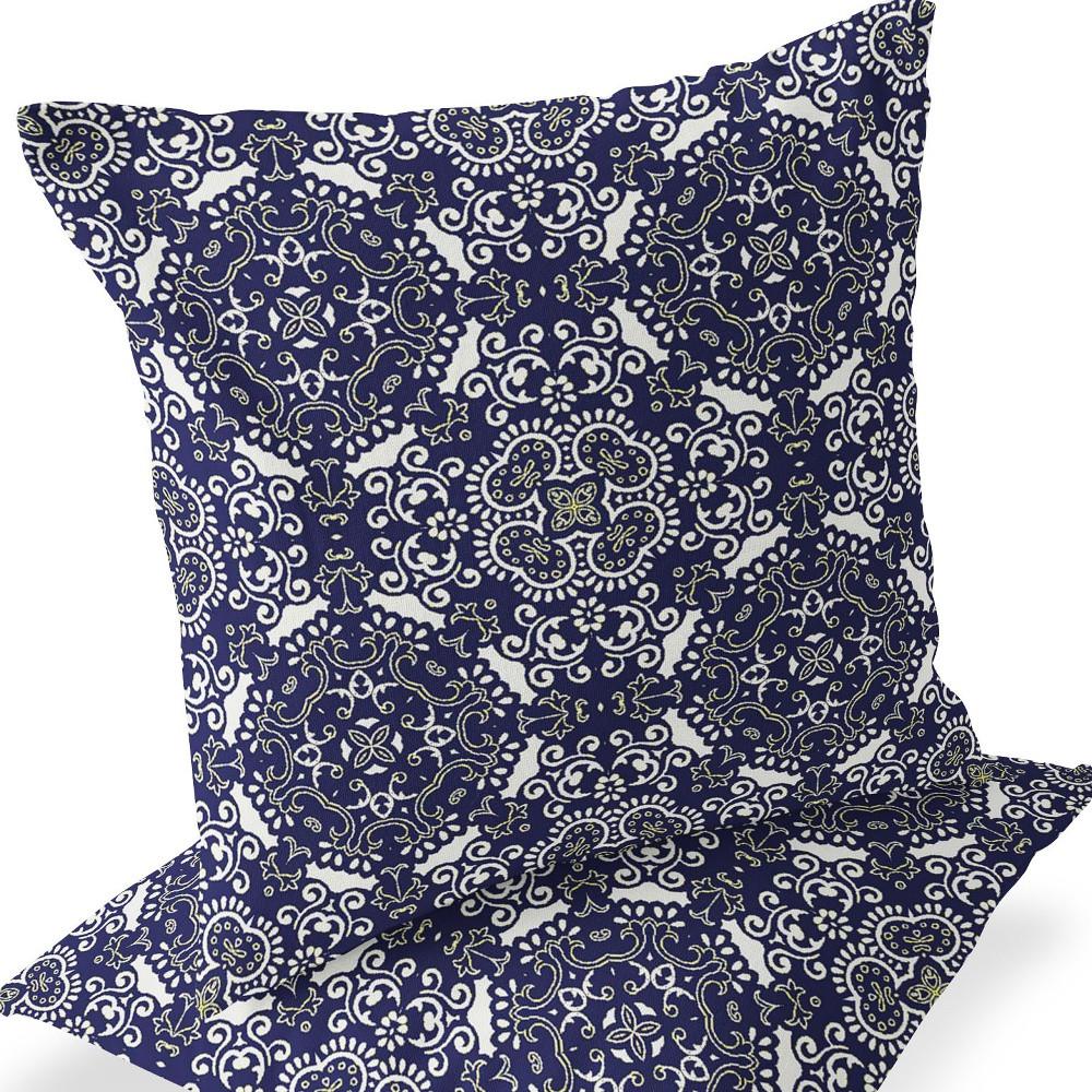 Set of Two 16" X 16" Blue, White Blown Seam Damask Indoor Outdoor Throw Pillow. Picture 6
