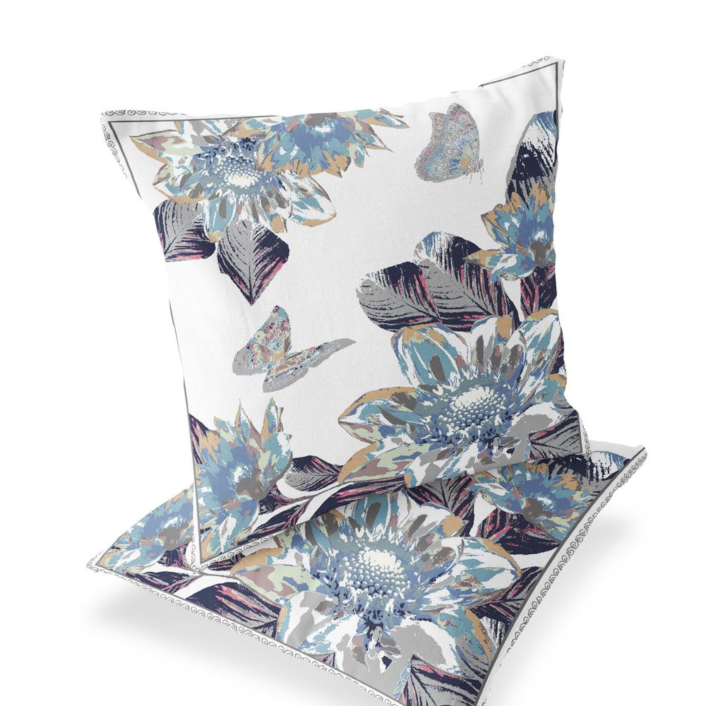 Gray, White Butterfly Blown Seam Floral Indoor Outdoor Throw Pillow. Picture 1