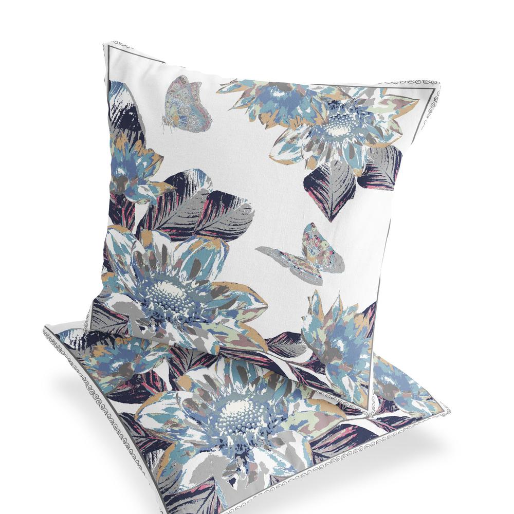 Gray, White Butterfly Blown Seam Floral Indoor Outdoor Throw Pillow. Picture 4