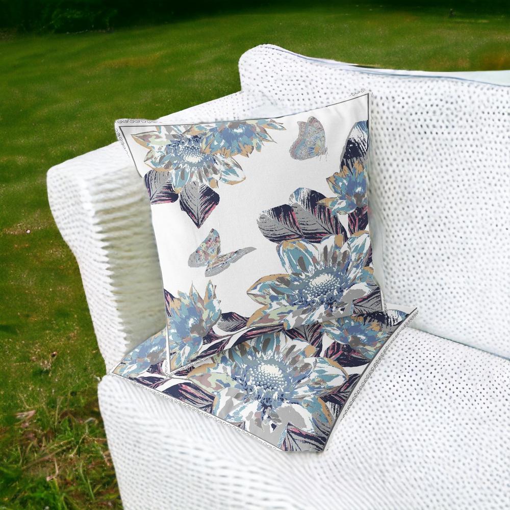 Gray, White Butterfly Blown Seam Floral Indoor Outdoor Throw Pillow. Picture 2