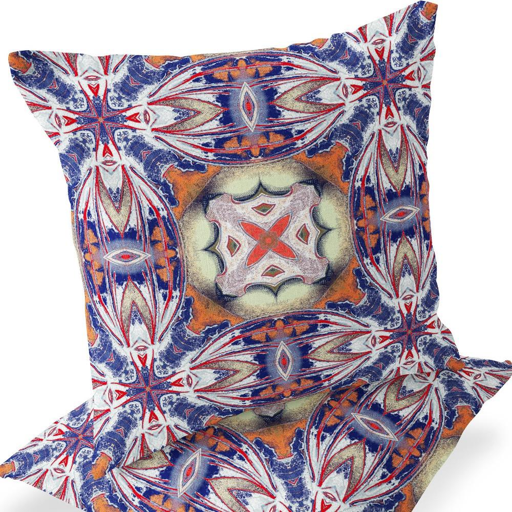 Set of Two 16" X 16" Blue, Orange Blown Seam Floral Indoor Outdoor Throw Pillow. Picture 6