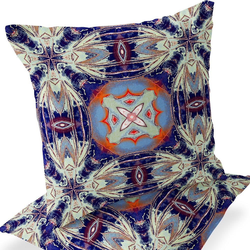 Set of Two 16" X 16" Blue, Orange Blown Seam Floral Indoor Outdoor Throw Pillow. Picture 8