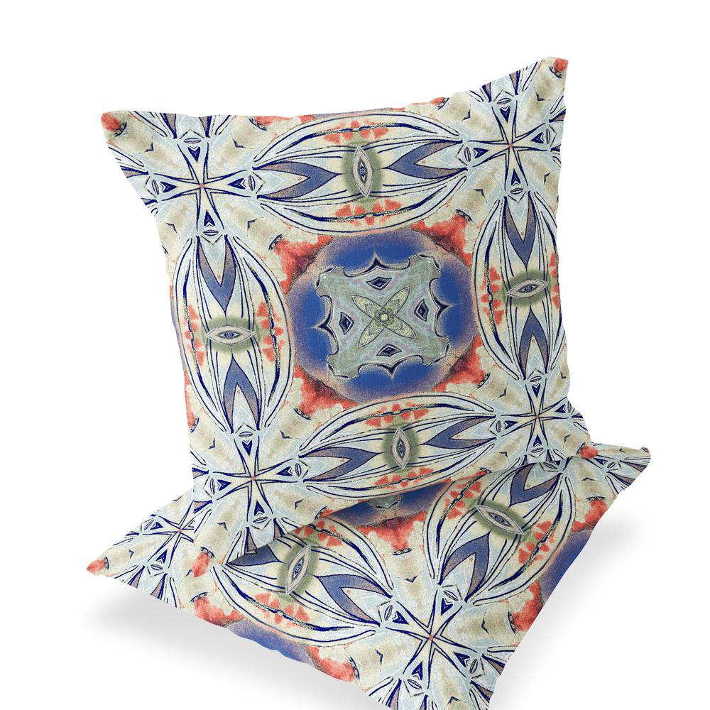Set of Two 16" X 16" Blue, Pink Blown Seam Floral Indoor Outdoor Throw Pillow. Picture 1