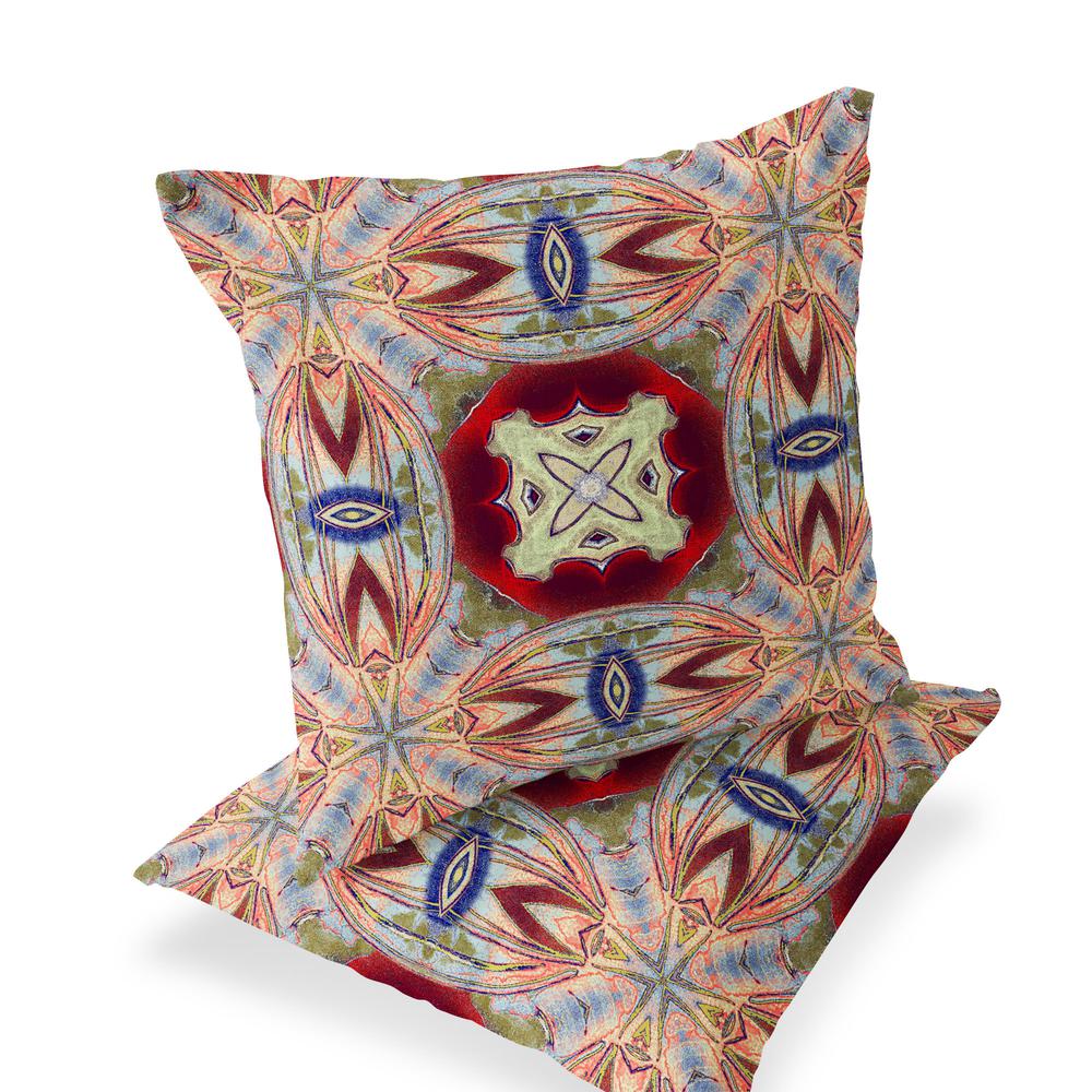 Set of Two 16" X 16" Gray and Red Blown Seam Floral Indoor Outdoor Throw Pillow. Picture 1