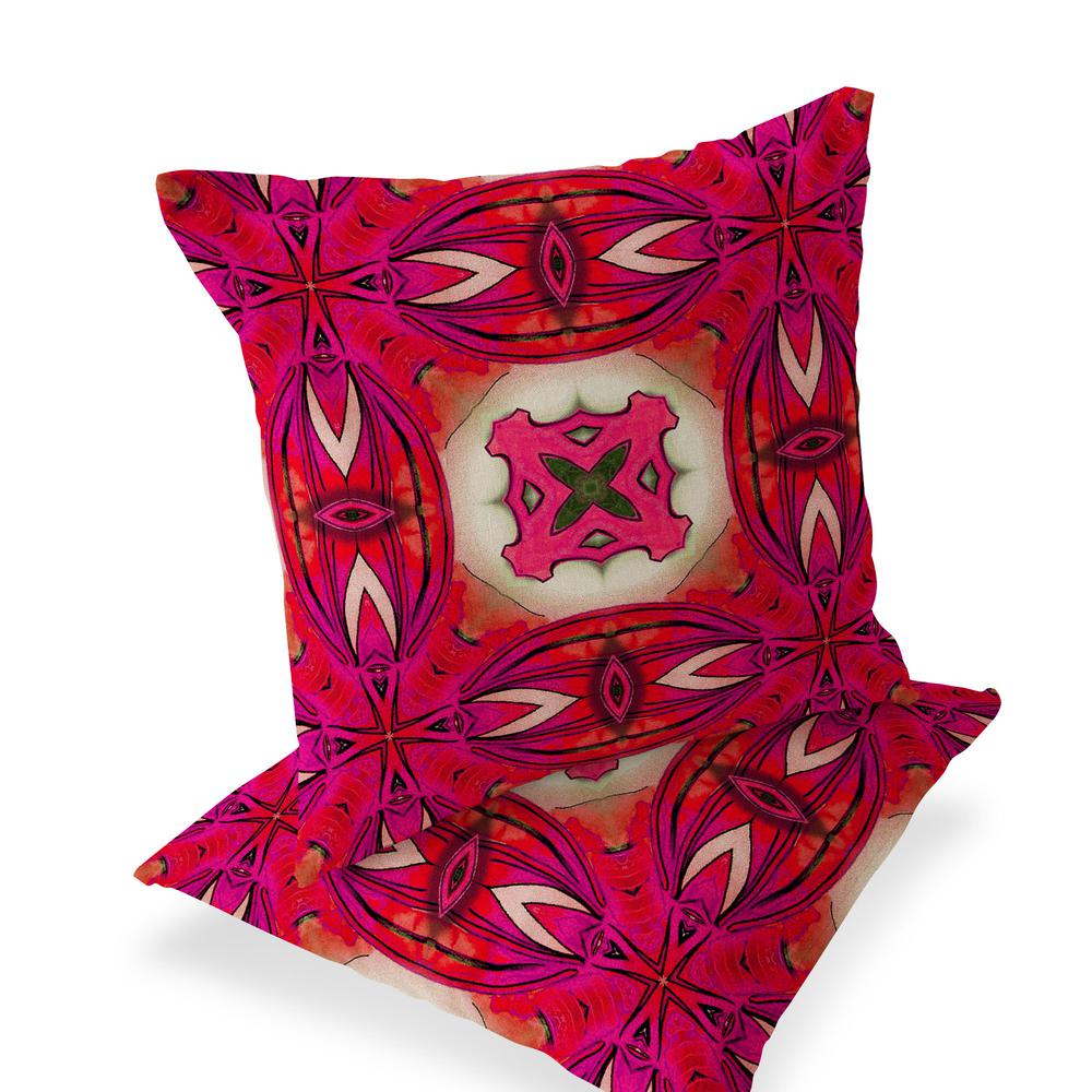 Set of Two 16" X 16" Red and Pink Blown Seam Floral Indoor Outdoor Throw Pillow. Picture 1