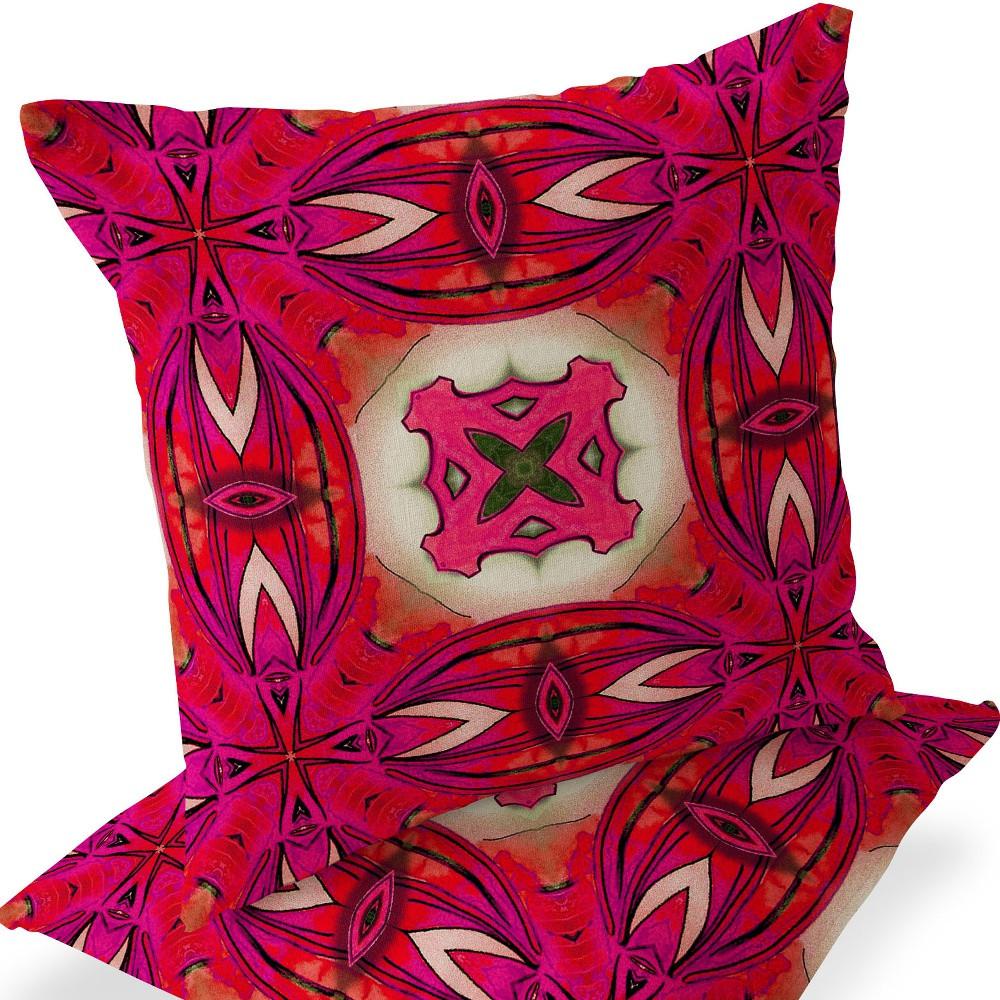 Set of Two 16" X 16" Red and Pink Blown Seam Floral Indoor Outdoor Throw Pillow. Picture 9