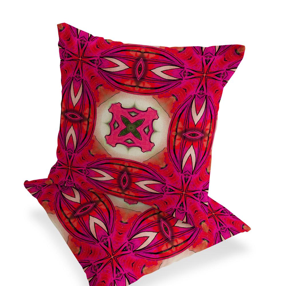Set of Two 16" X 16" Red and Pink Blown Seam Floral Indoor Outdoor Throw Pillow. Picture 3