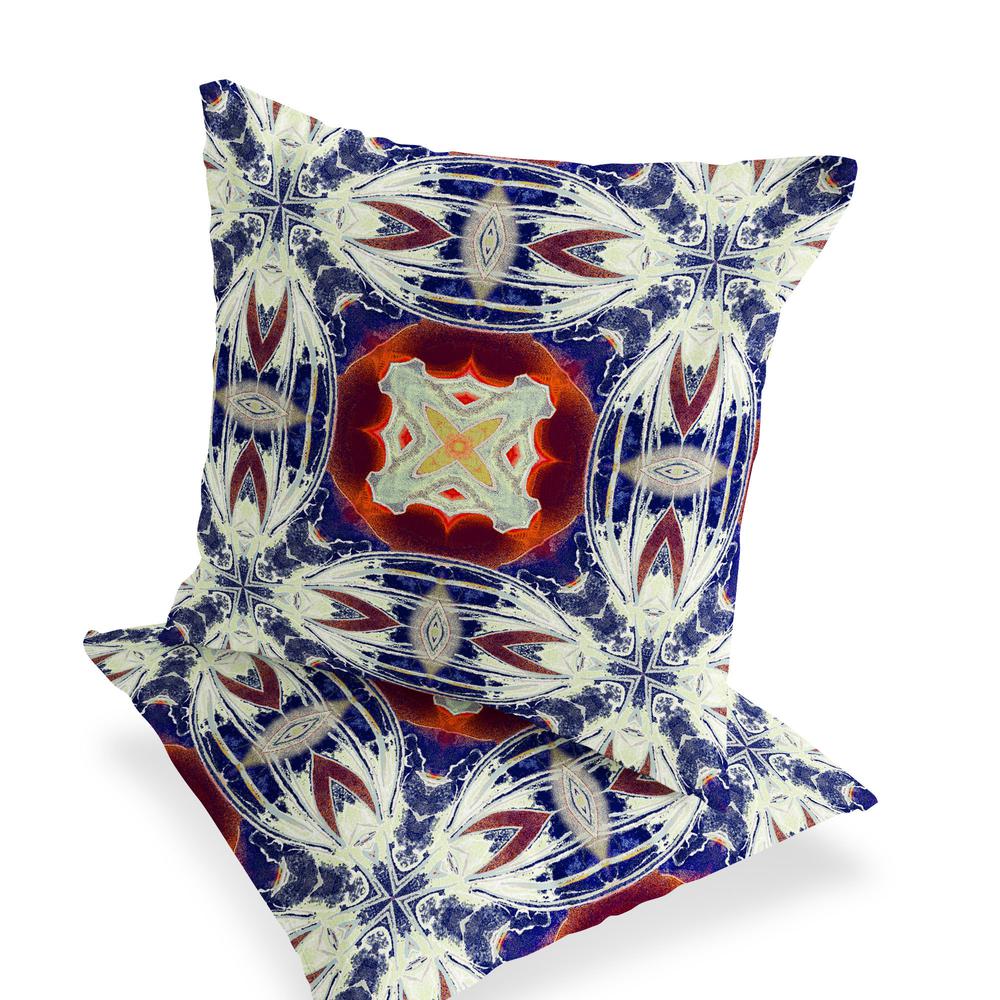 Set of Two 16" X 16" Blue, Orange Blown Seam Floral Indoor Outdoor Throw Pillow. Picture 4