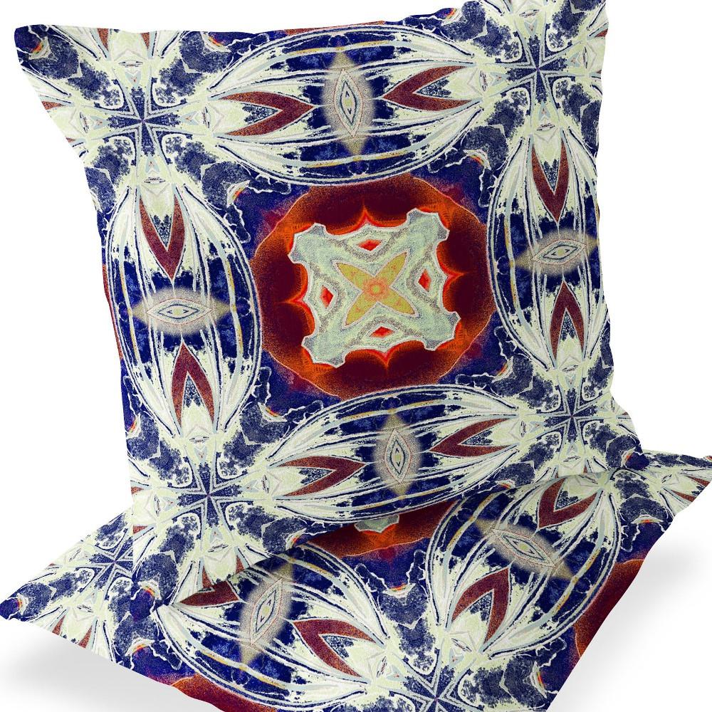 Set of Two 16" X 16" Blue, Orange Blown Seam Floral Indoor Outdoor Throw Pillow. Picture 5
