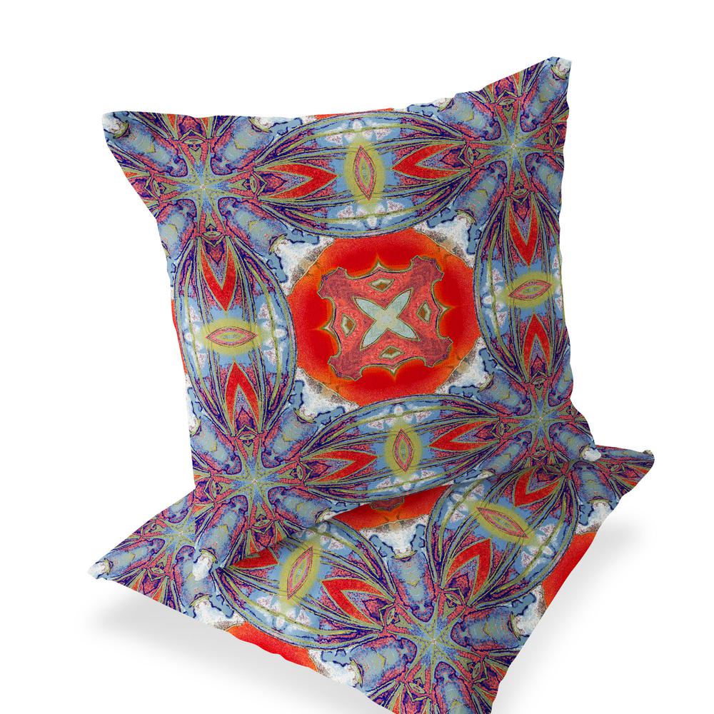 Set of Two 16" X 16" Blue, Orange Blown Seam Floral Indoor Outdoor Throw Pillow. Picture 1