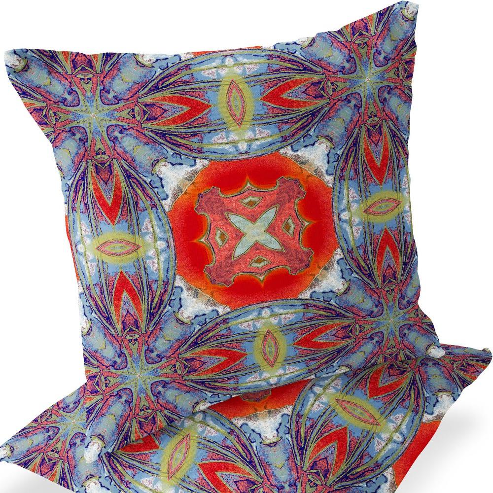 Set of Two 16" X 16" Blue, Orange Blown Seam Floral Indoor Outdoor Throw Pillow. Picture 8