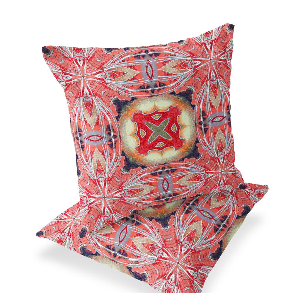 Set of Two 16" X 16" Red and Pink Blown Seam Floral Indoor Outdoor Throw Pillow. Picture 6
