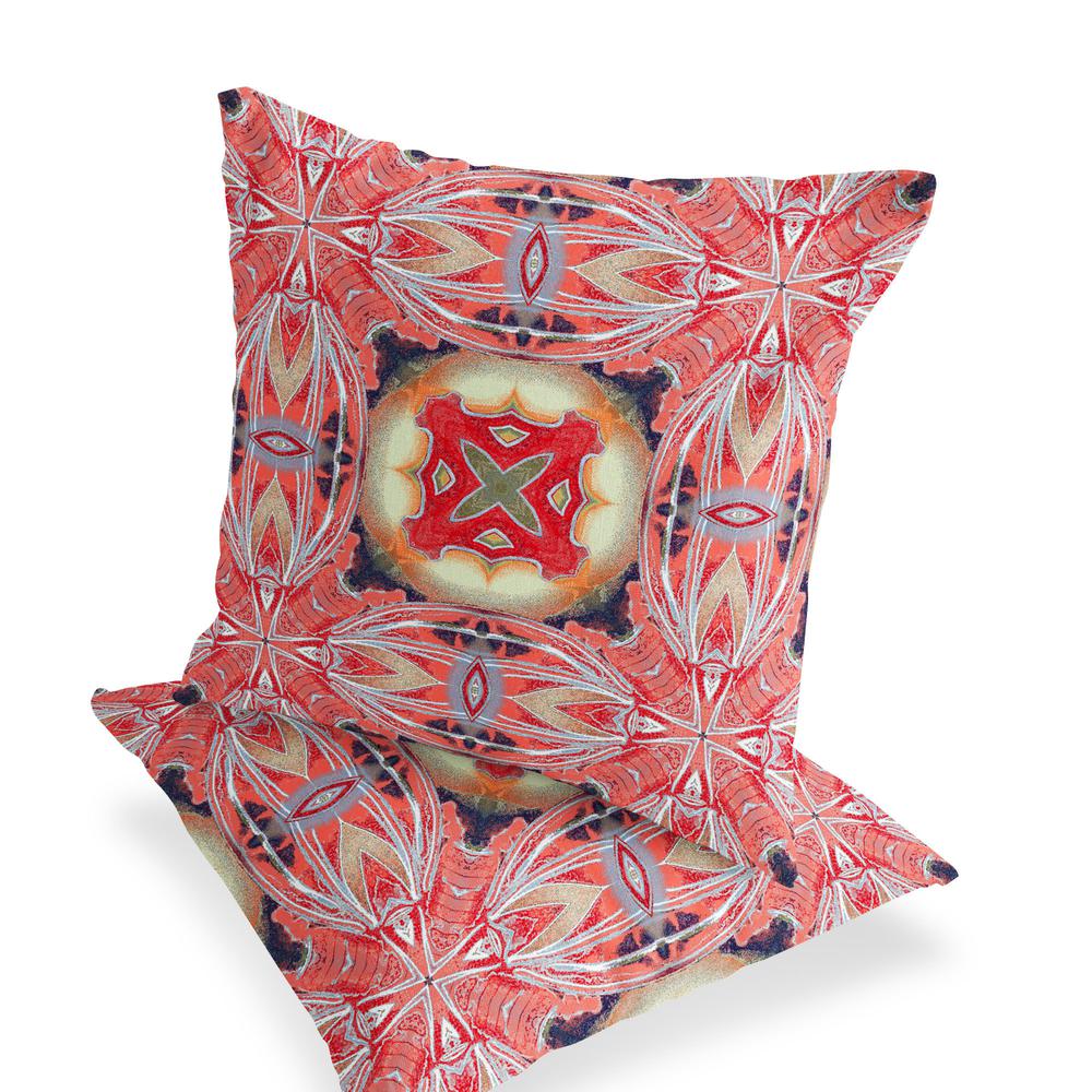 Set of Two 16" X 16" Red and Pink Blown Seam Floral Indoor Outdoor Throw Pillow. Picture 1