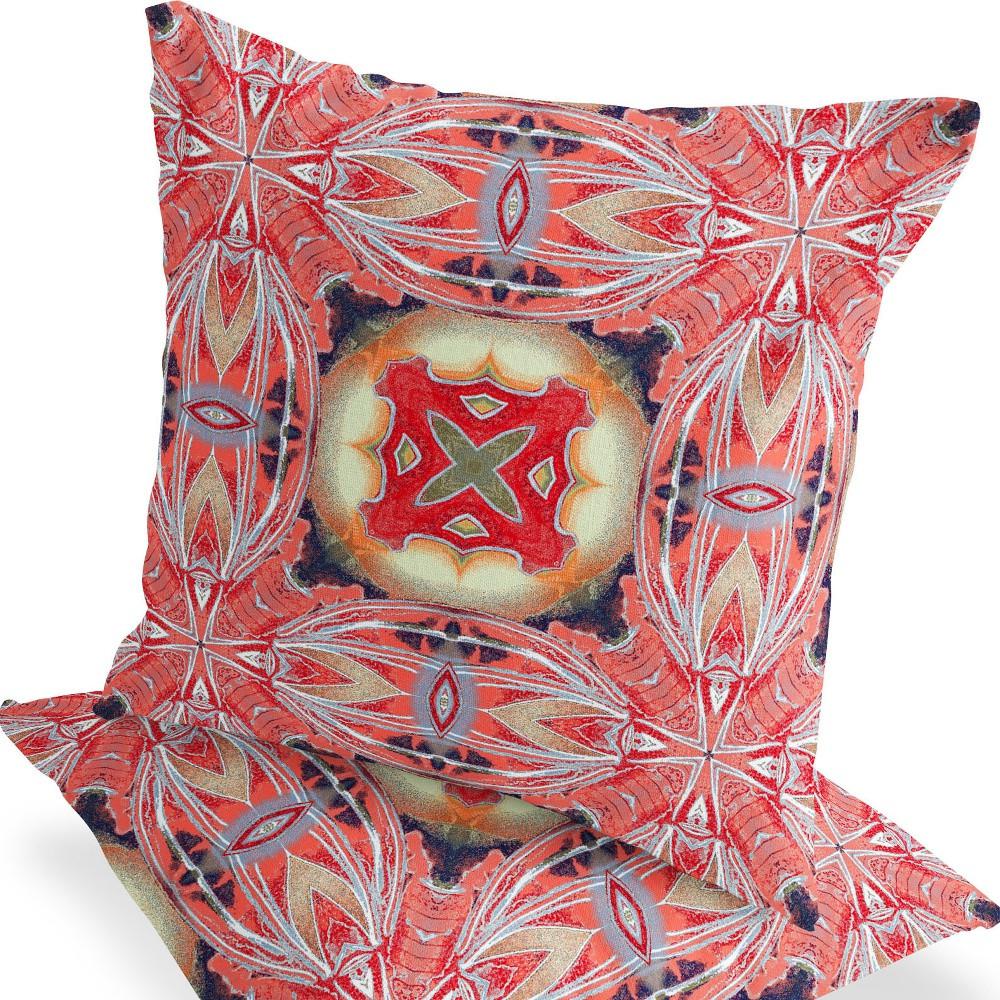 Set of Two 16" X 16" Red and Pink Blown Seam Floral Indoor Outdoor Throw Pillow. Picture 4