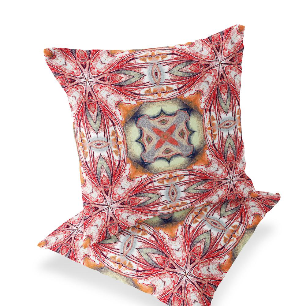 Set of Two 16" X 16" Green, Red Blown Seam Floral Indoor Outdoor Throw Pillow. Picture 1