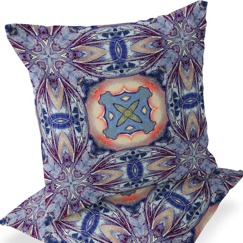 Set of Two 16" X 16" Blue, Pink Blown Seam Floral Indoor Outdoor Throw Pillow. Picture 4