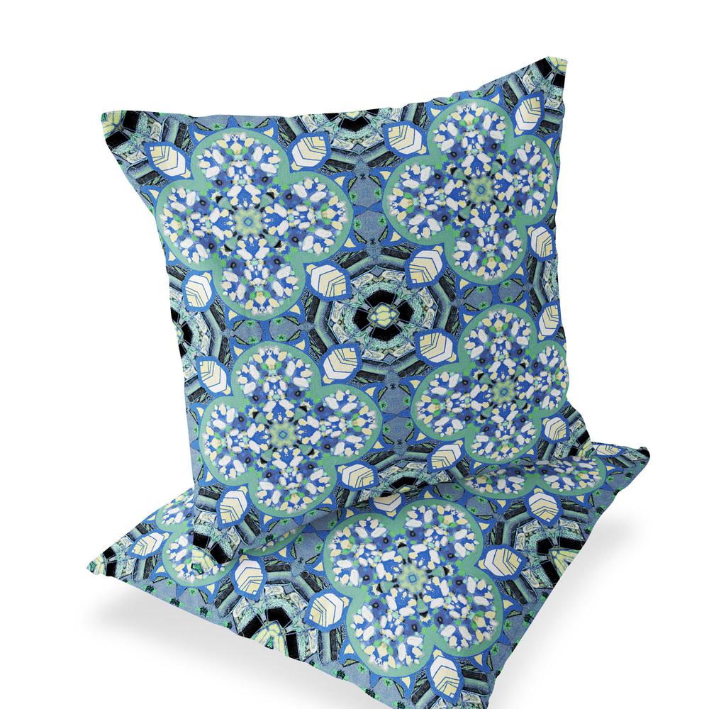 Set of Two 16" X 16" Blue, Black Blown Seam Floral Indoor Outdoor Throw Pillow. Picture 1