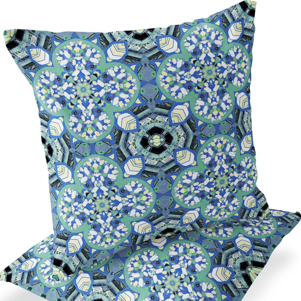 Set of Two 16" X 16" Blue, Black Blown Seam Floral Indoor Outdoor Throw Pillow. Picture 5