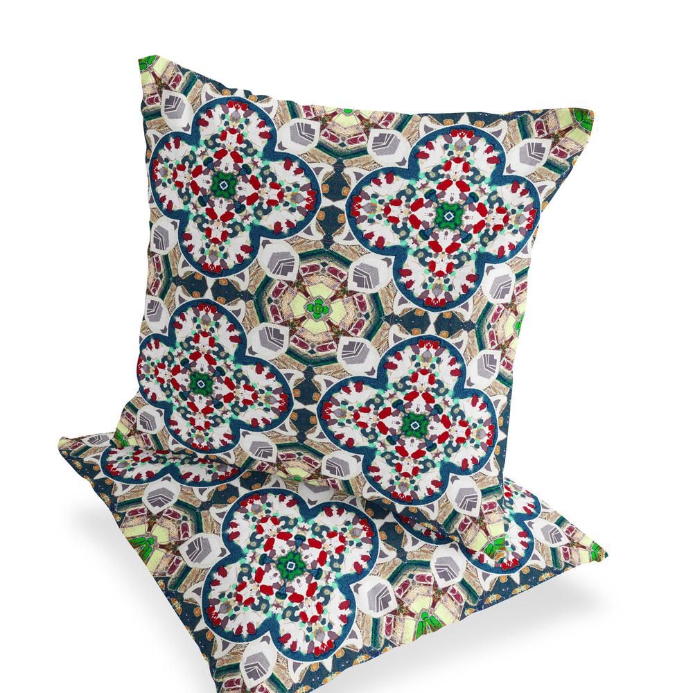 Set of Two 16" X 16" Green, White Blown Seam Floral Indoor Outdoor Throw Pillow. Picture 3