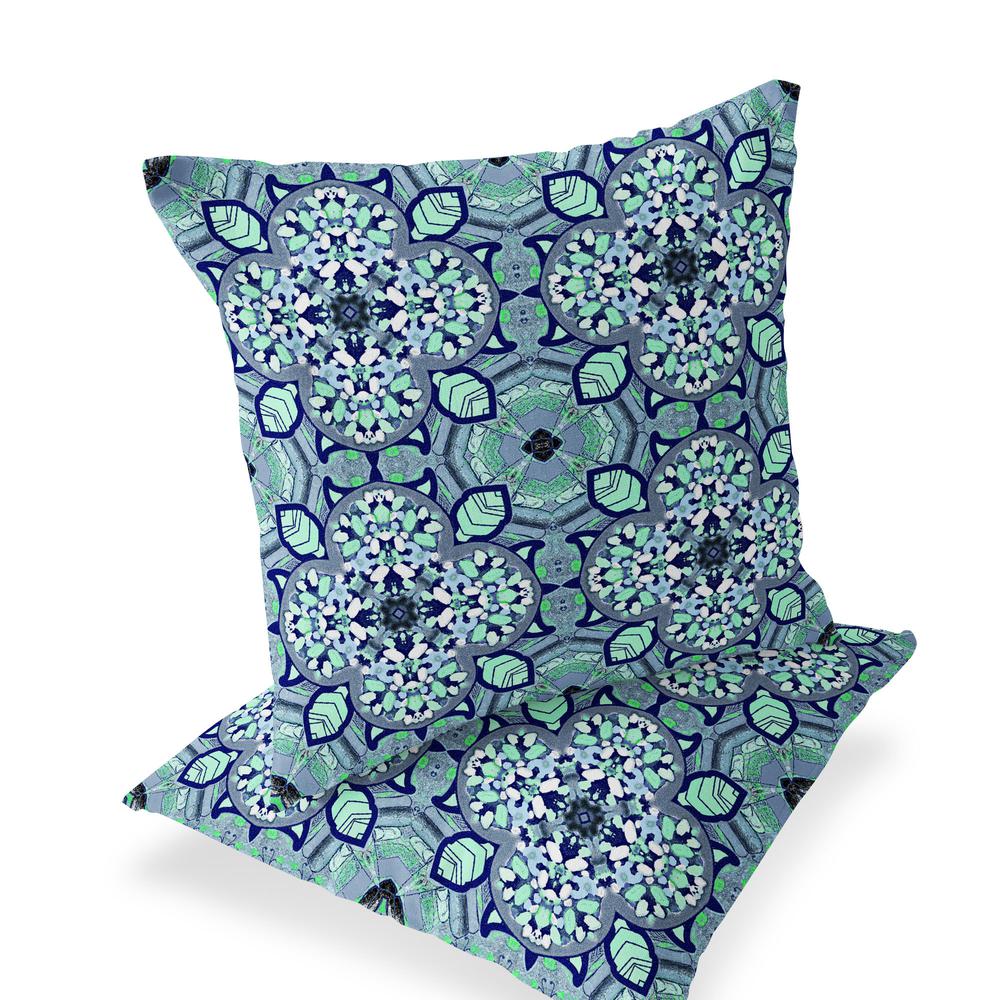 Set of Two 16" X 16" Blue, Green Blown Seam Floral Indoor Outdoor Throw Pillow. Picture 1